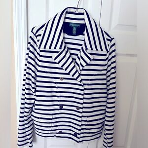 Lauren RL fleece blue/white stripe double breasted blazer.